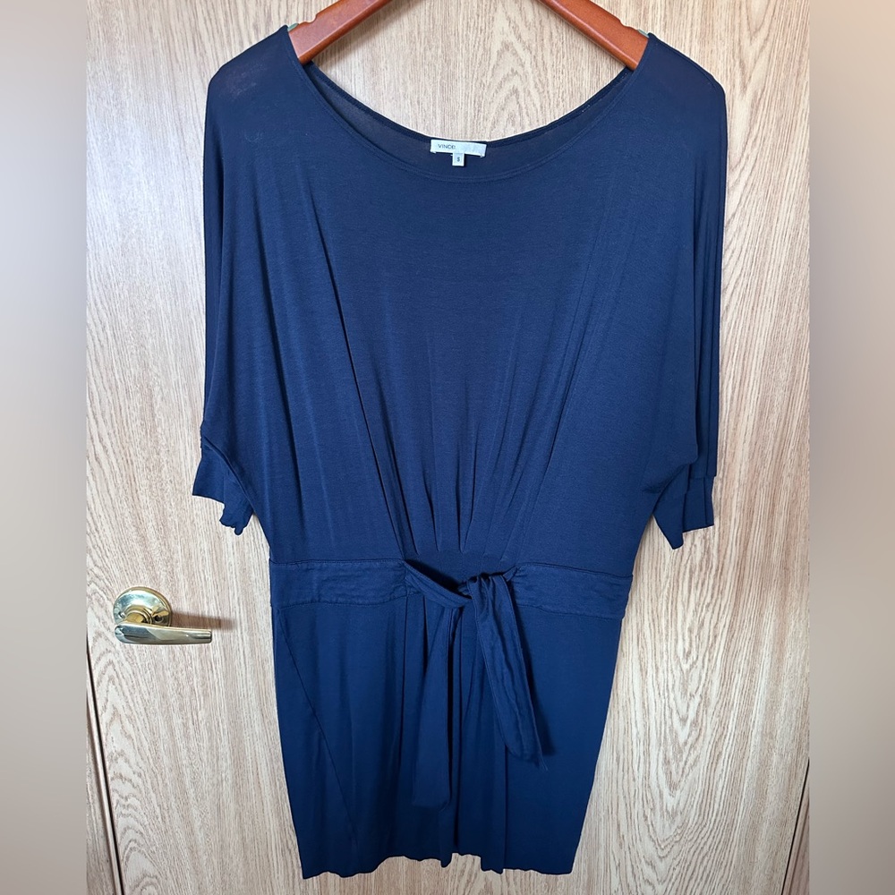 Vince Dark Blue Stretch Rayon 3/4 Sleeve Waist Tie Dress Women’s S